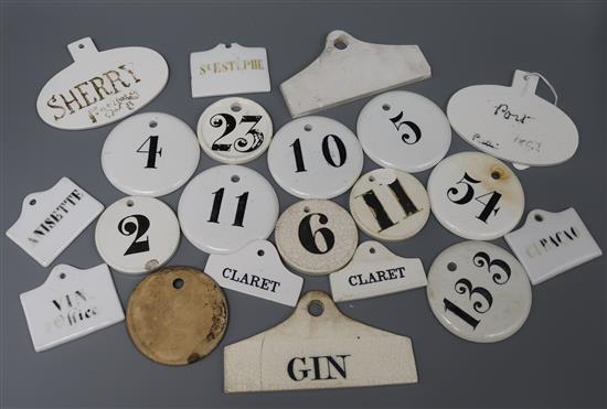 Ten 19th century bin number labels and other various bin labels
